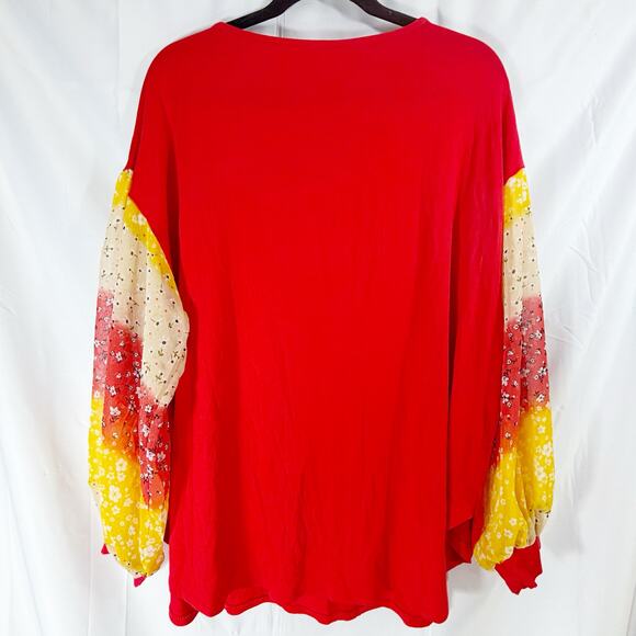 Emerald Red Blouse 1X Floral Chiffon Sleeves Pockets Vacation Summer Top - Picture 2 of 4